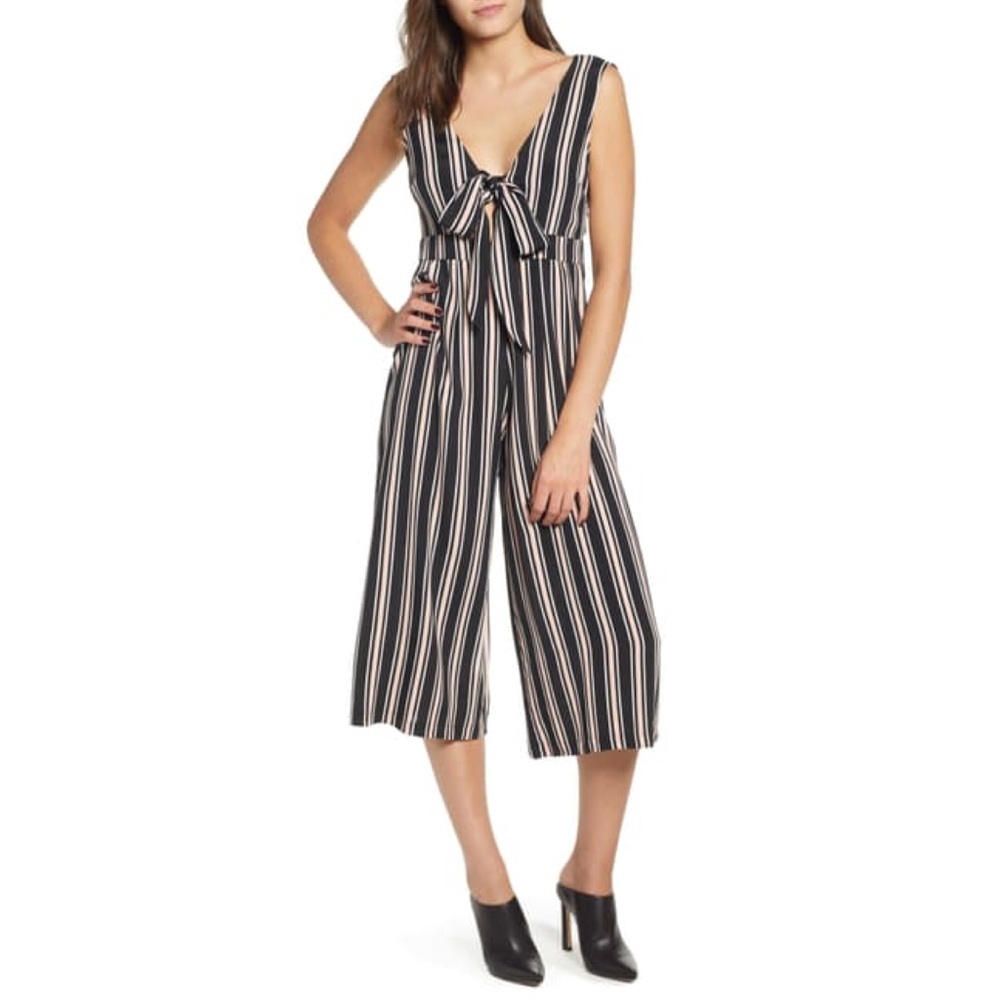 Leith‎ Tie Front Striped Cropped Leg Jumpsuit